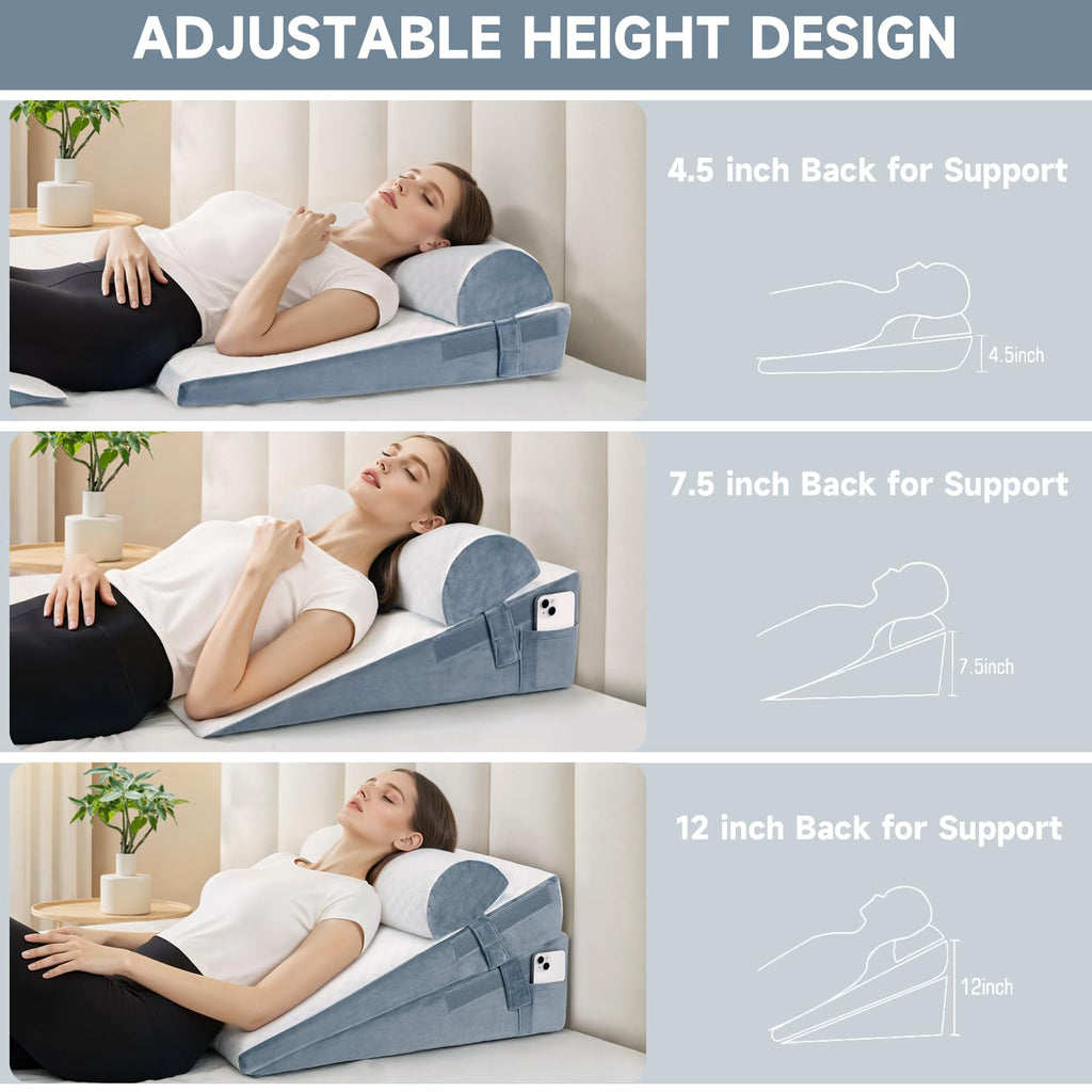 Bed Wedge Pillow for Sleeping, 3 Pcs Adjustable Height 4.5&7.5&12 Inch Triangle Pillow Wedge for Post Surgery, Acid Reflux, Snoring, Legs Pain Relief (Gray)