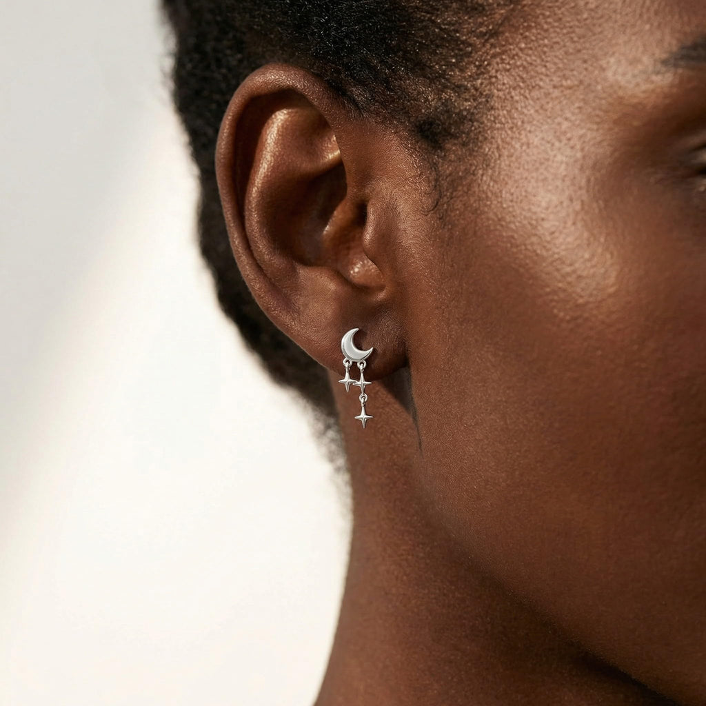 SLUYNZ 925 Sterling Silver Tiny Moon Star Earrings Studs for Women Teen Girls Small Moon Studs Earrings Star Drop (A-Silver)