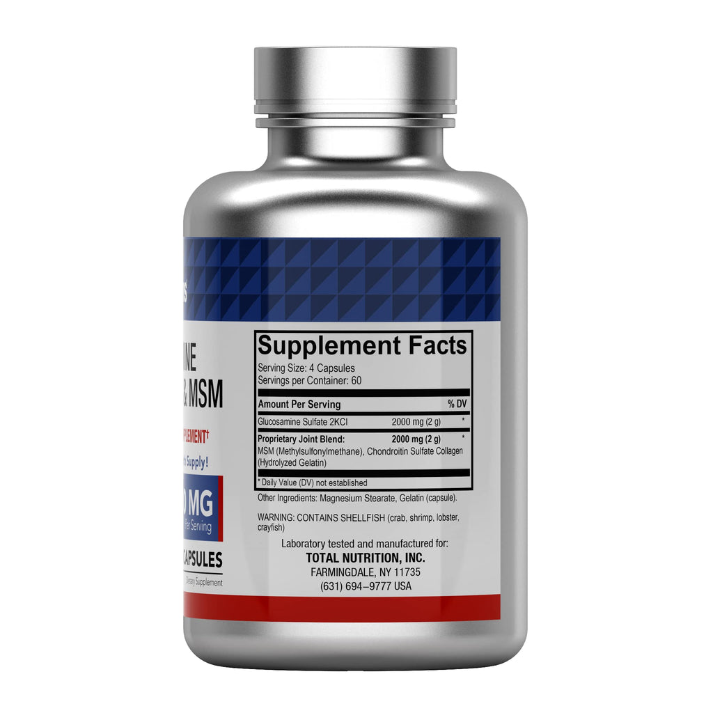 tnvitamins Glucosamine Chondroitin MSM Capsules, 240 Count | 4,000 mg Per Serving | 2,000 mg Glucosamine Sulfate 2KCl + 2,000 mg MSM & Chondroitin Blend | Joint Support Supplement