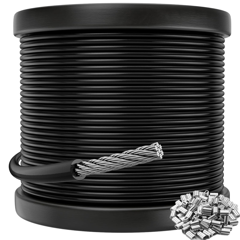 CELYND Black Vinyl Coated Cable - 304 Stainless Steel Wire Rope 1/16 Inch Overmolded to 3/32 Inch for Outdoor Hanging DIY Projects String Lights Trellis Clothesline 200ft