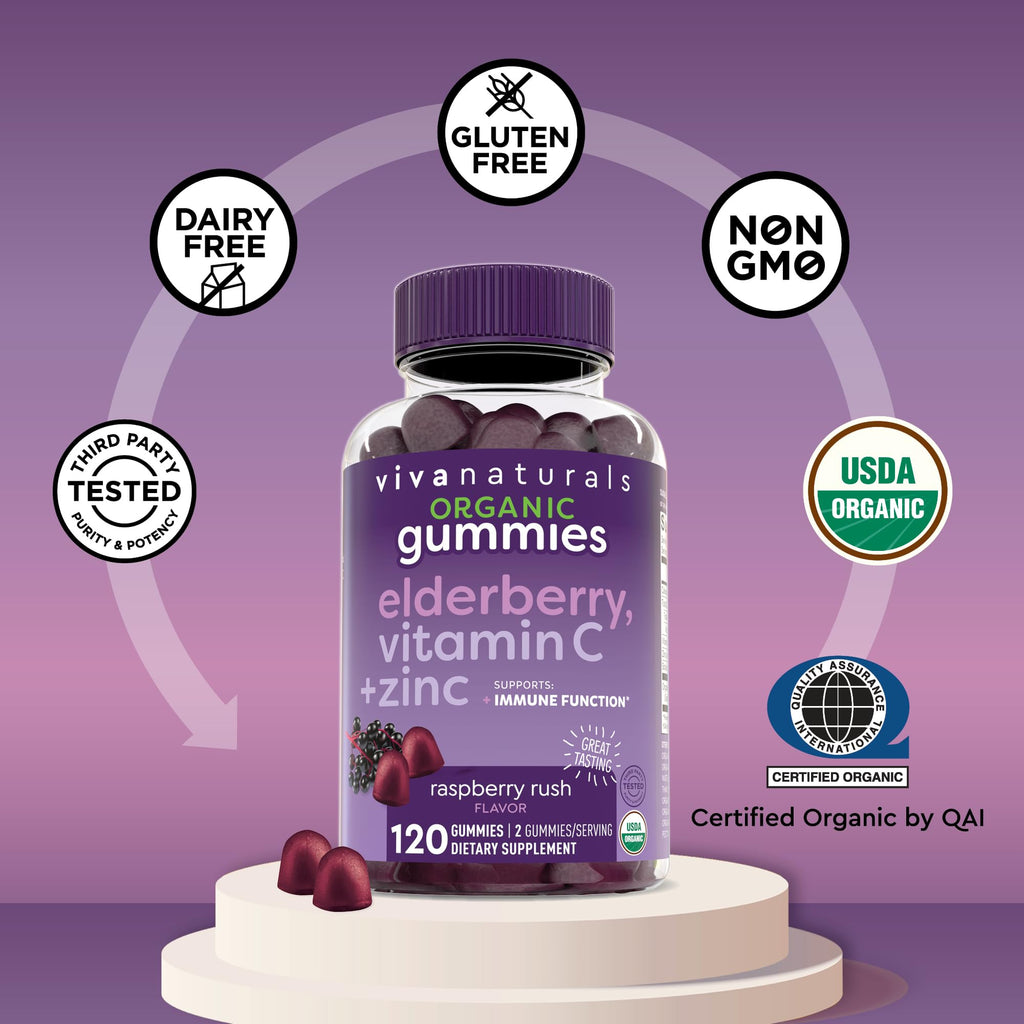 Viva Naturals Organic Sambucus Elderberry Gummies for Adults (120 Count) - 3in1 Black Elderberry Vitamin C and Zinc Immune Support Gummies, Chewable Elderberry Supplements, Zinc Immunity Gummies