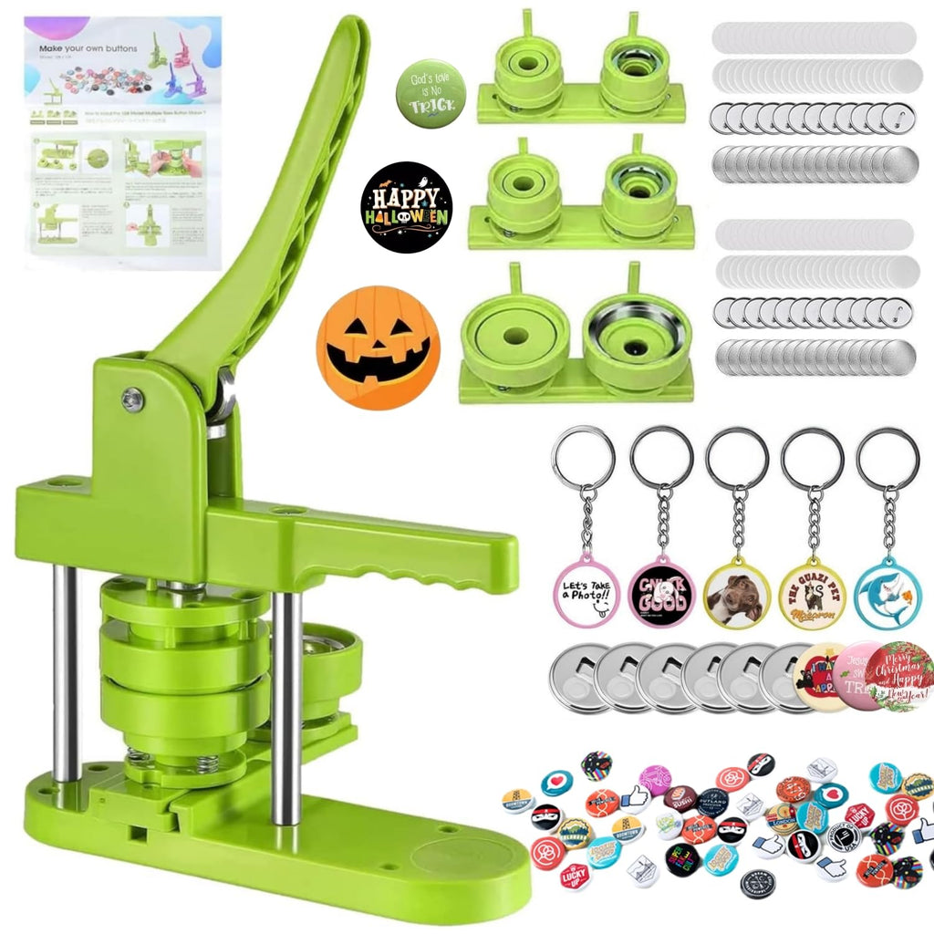 Button Maker Machine Pin Maker 1''+1.25''+2.25'' Button Making Supplies, DIY 300 Pinback Button/10 Keychain Badge/10 Bottle Opener Button/10 Flat Badge for Christmas Party (Green, 1''+1.25''+2.25'')