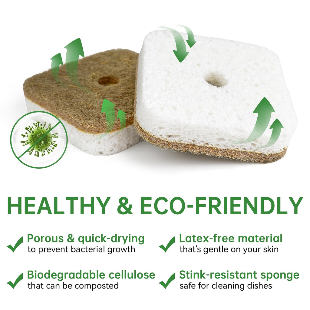 16 Pack Biodegradable Natural Kitchen Sponges, Compostable Cellulose & Coconut Square Scrubber, Dual Sided Dish Sponge for Washing Dishes, Eco Friendly
