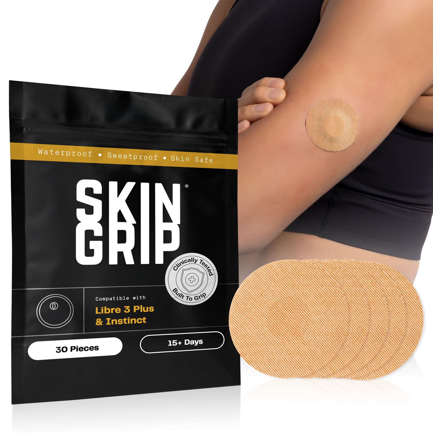Skin Grip Libre 3 Extended Supply (30 Pack)– Waterproof & Sweatproof Cover for Continuous Glucose Monitor Sensor, Stays Secure for 10-15 Days, (Tan)