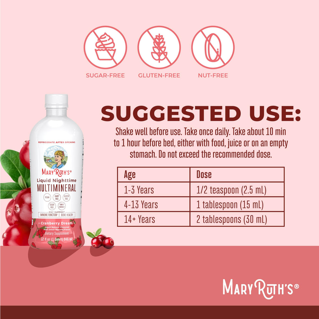 MaryRuth's Liquid Nighttime Multimineral | NO Melatonin | Bedtime Routine | Magnesium Citrate | Calcium | Zinc | Vitamin D3 | Available in 4 Flavors | Vegan | Sugar Free | Gluten Free | 32 Oz