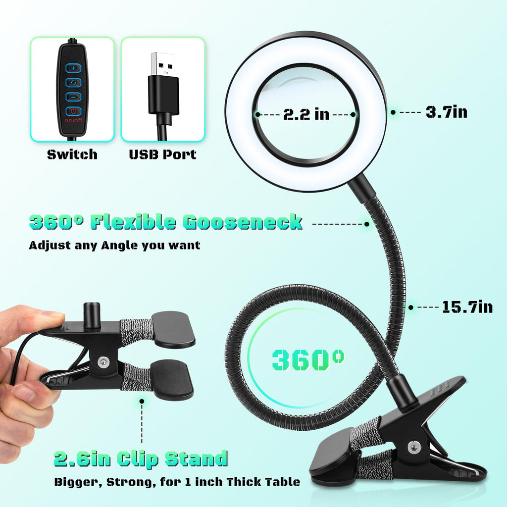 10X Magnifying Glass with Light, Clip on Mganifier with Light, 48 LED Desk Magnifying Glass wtih Clamp, 3 Modes Dimmable Magnifying LED Lamps for Bed Work Crafts DIY Repair