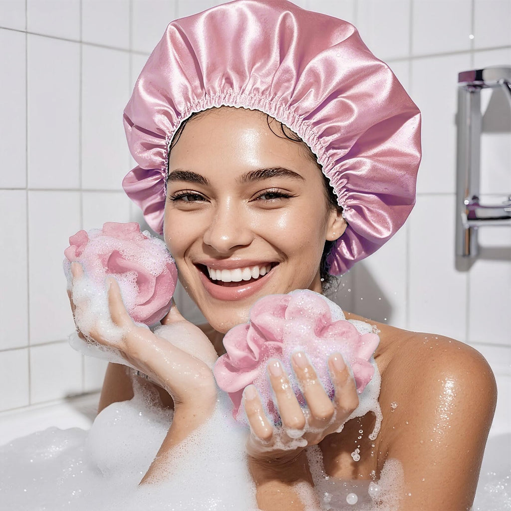 Smilco 4 Pack Shower Caps for Women, Reusable Waterproof Double Layer Bath Cap, Large EVA Elastic Hair Cover for Shower, Fits Long Hair & Braids, for Spa & Home
