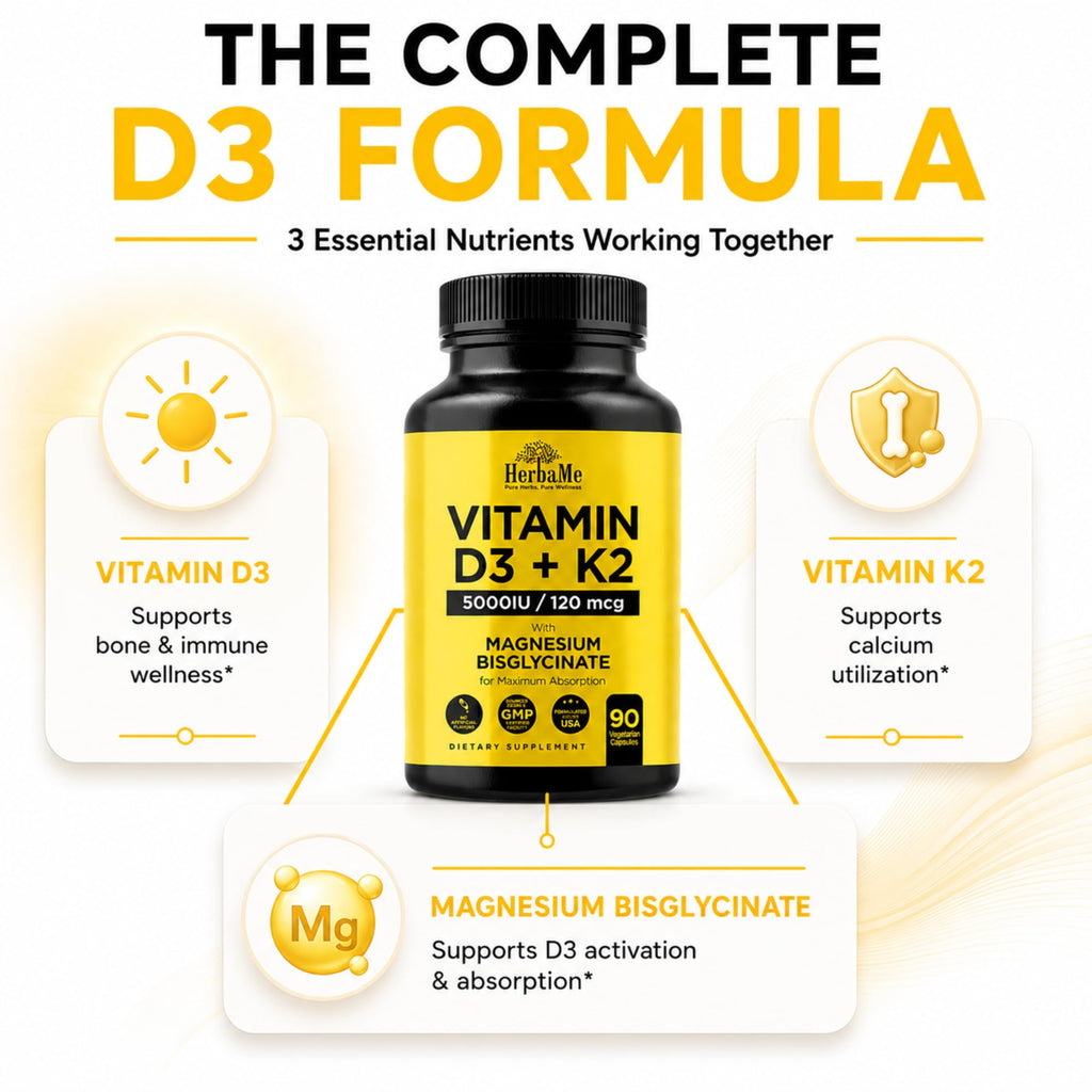 HerbaMe Vitamin D3 5000 IU + K2 with Magnesium Bisglycinate | Complete D3 Activation & Absorption Support Formula | Bone, Muscle & Immune Wellness | 90 Capsules