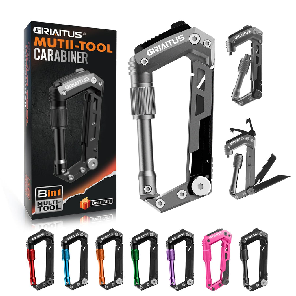 Carabiner Multitool with Pocket Knives, 8-in-1 EDC Carabiners, Serrated Knife, Rope Cutter, Screwdriver, Can Bottle Opener, Ruler, Folding Knife for Camping Hiking, Gifts for Men (Grey)