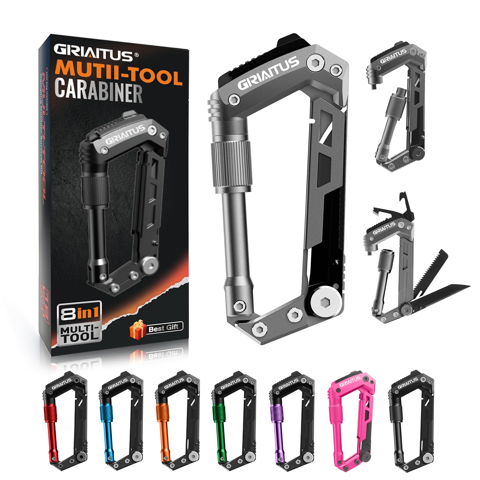 Carabiner Multitool with Pocket Knives, 8-in-1 EDC Carabiners, Serrated Knife, Rope Cutter, Screwdriver, Can Bottle Opener, Ruler, Folding Knife for Camping Hiking, Gifts for Men (Grey)