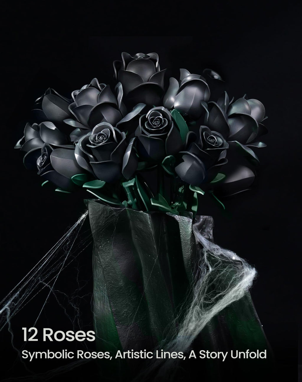 iATOM Black Rose Bouquet Building Set, Compatible with Lego Flowers for Adults - Halloween Artificial Flowers Kit, Gothic Horror Retro Botanical Collection Home Decor - IA11001