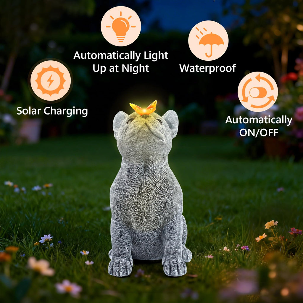 CIYSHO Dog Statue with Solar Butterfly, Cute French Bulldog Garden Statue