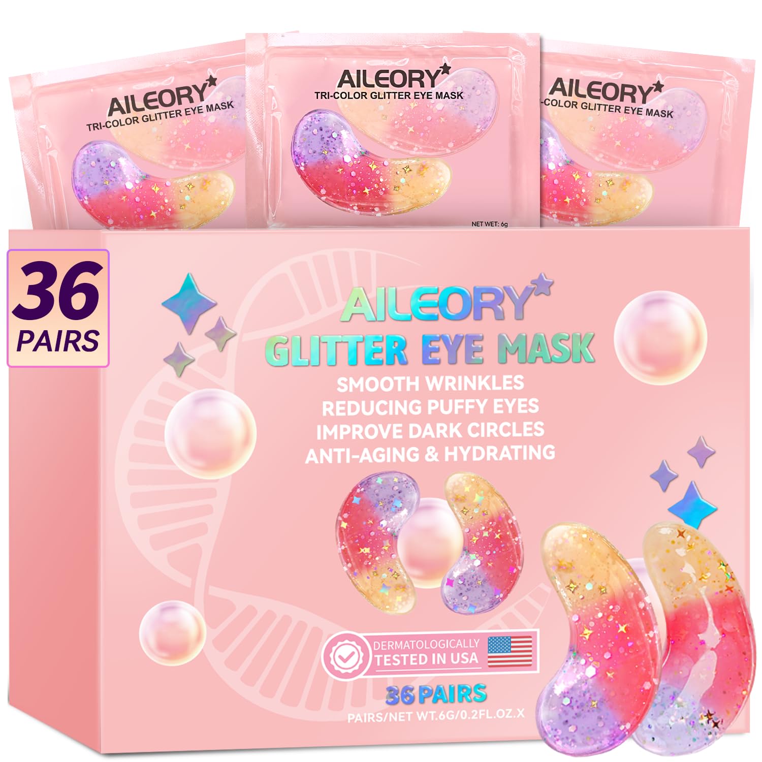 AILEORY Under Eye Patches (36 Pairs) - Tri-color Glitter Eye Gel Pads for Dark Circles, Puffy Eyes, Under eye Bags, Wrinkles | Natural Collagen Under Eye Mask Patches, Gel Under Eye Patches