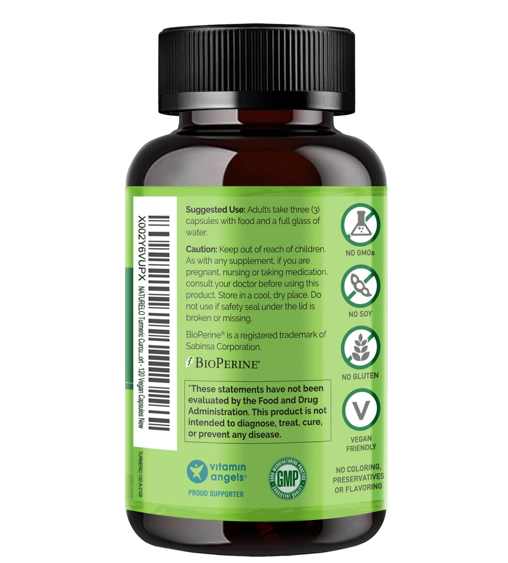 NATURELO Turmeric Curcumin - BioPerine for Better Absorption - Black Pepper, Ginger Root, Curcuminoids - Plant-Based Joint Discomfort Support - 120 Vegan Capsules (Pack of 2)