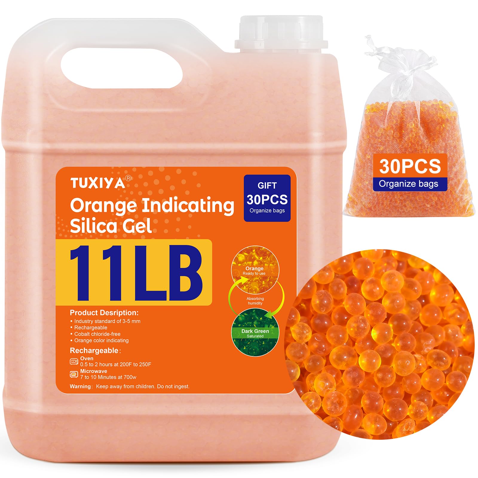 TUXIYA 11 LBS Orange Indicating Silica Gel Desiccant Beads,(Industry Standard 3-5 mm) Rechargeable Silica Gel Beads for 3D Filament, Electronic Devices, Camera, Jewelry, Safe(30PCS Organza Bag)