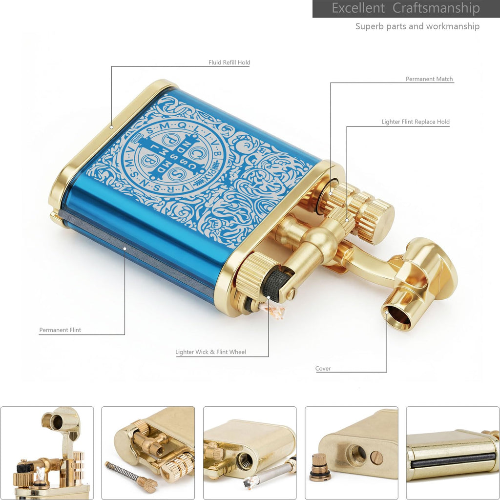 2 in 1 Lighter Permanent Match Antique Style Lift Arm Kerosene Lighter with Permanent Match (Blue Ice Constantine)