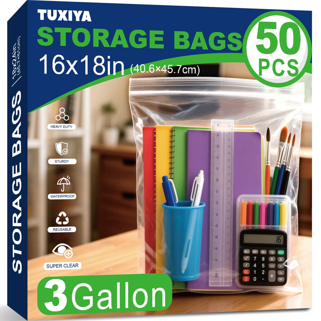 TUXIYA 50PACK 3 Gallon Large Zipper Bags for Storage 16 x 18 Inch, Large Clear Zipper Bags Reusable with Sealable Zippers Top for Clothes, Travel & Moving,Thick 4 Mil