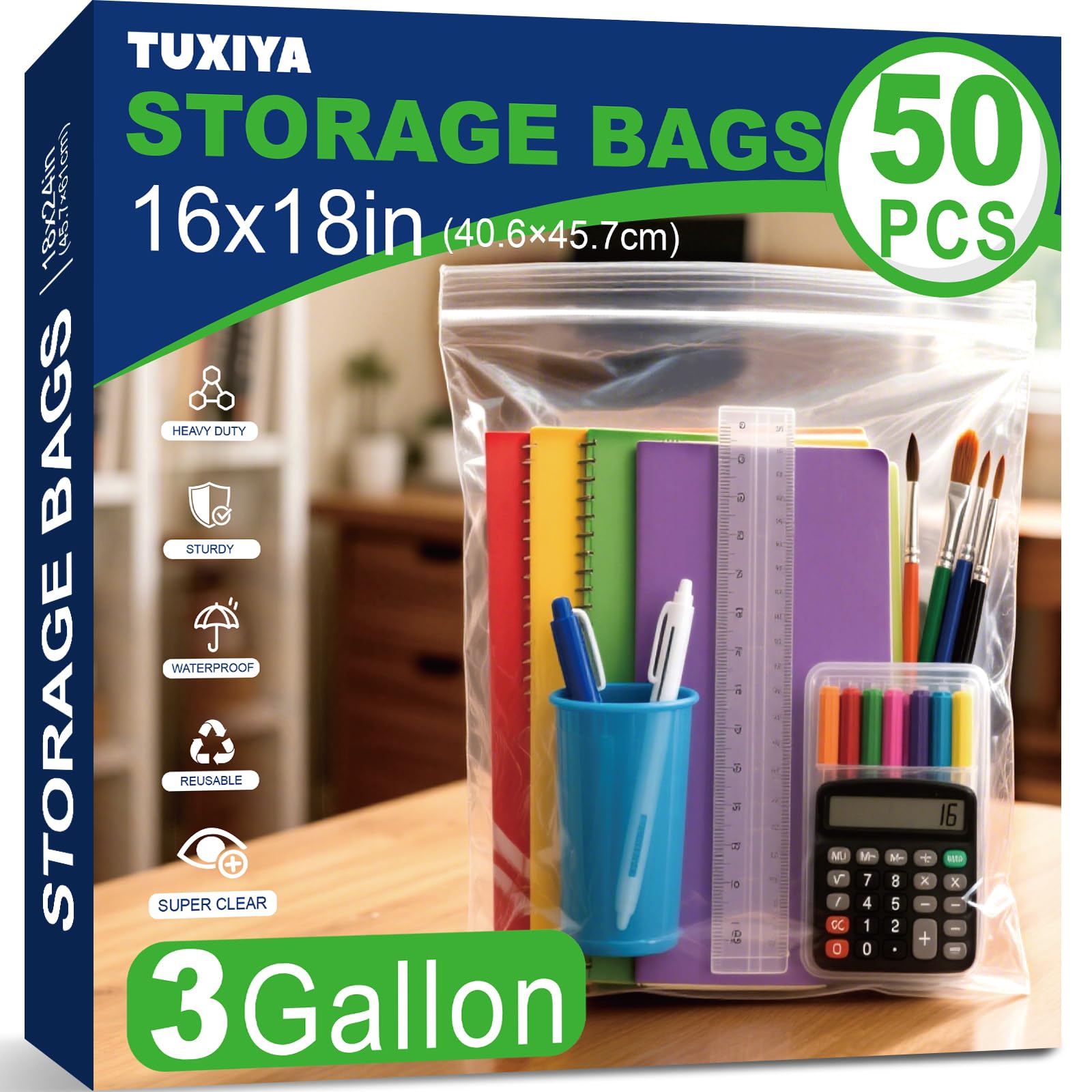 TUXIYA 50PACK 3 Gallon Large Zipper Bags for Storage 16 x 18 Inch, Large Clear Zipper Bags Reusable with Sealable Zippers Top for Clothes, Travel & Moving,Thick 4 Mil