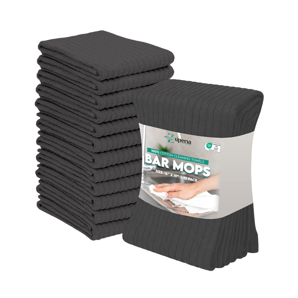 ZUPERIA Bar Mop Kitchen Towels - Pack of 12 (16" x19”) 100% Ring Spun Cotton - Dish Washcloths for Superb Cleaning and Less Lint - Highly Absorbent Dish Cloths and Dish Towels for Everyday use (Grey)