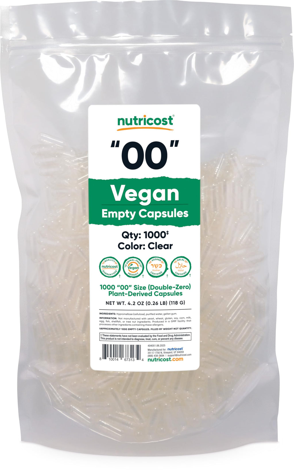 Nutricost Empty Capsules Size 00 Vegan - 1,000 Clear Empty Plant-Based Capsules - Kosher Certified, Halal Certified, Non-GMO, Soy Free, Gluten Free, Vegetarian