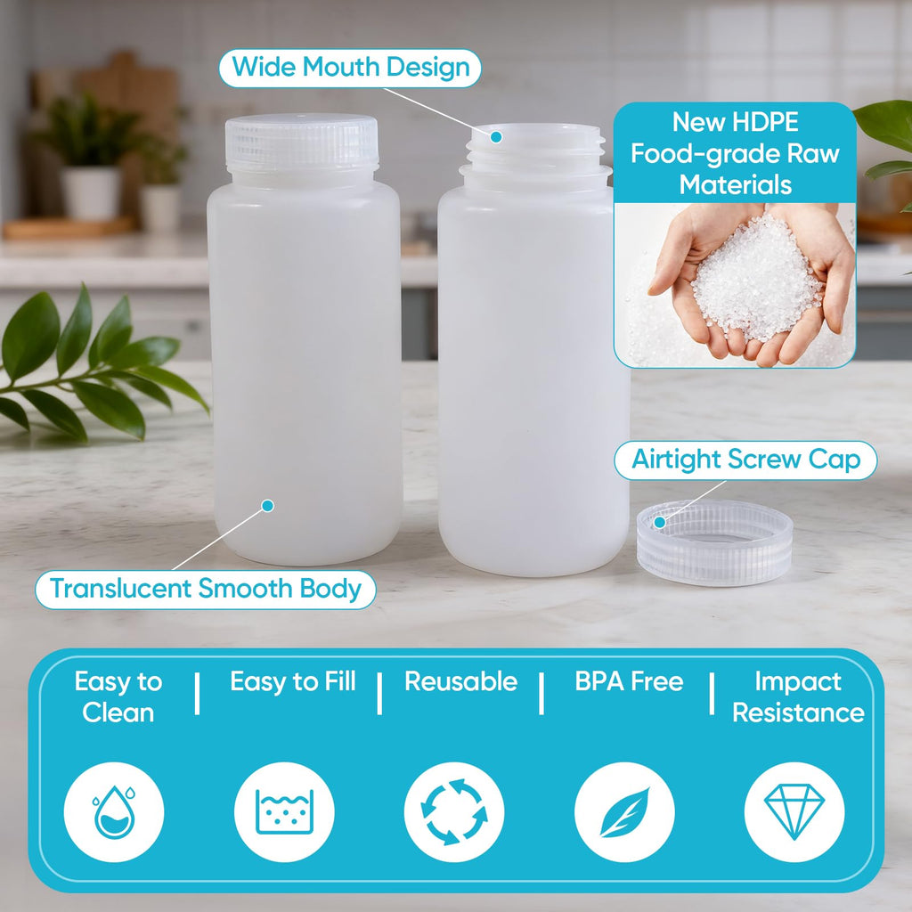 DEMORA 16 oz Plastic Bottles with Lids, Airtight Refillable Wide Mouth Travel Bottles for Toiletries, HDPE Food Grade Plastic Containers for Liquids Pill Water Sample Lab Reagent (Translucent, 2 Pcs)