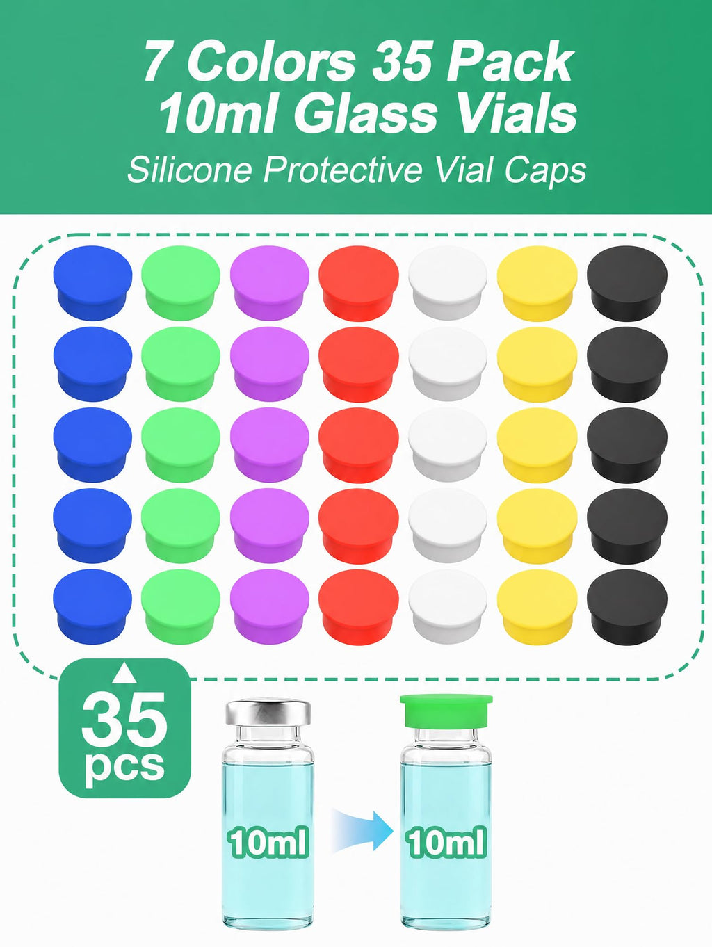 10ml & 30ml Vial Caps, Silicone Peptide Vial Covers, 35 Pack, 7 Colors