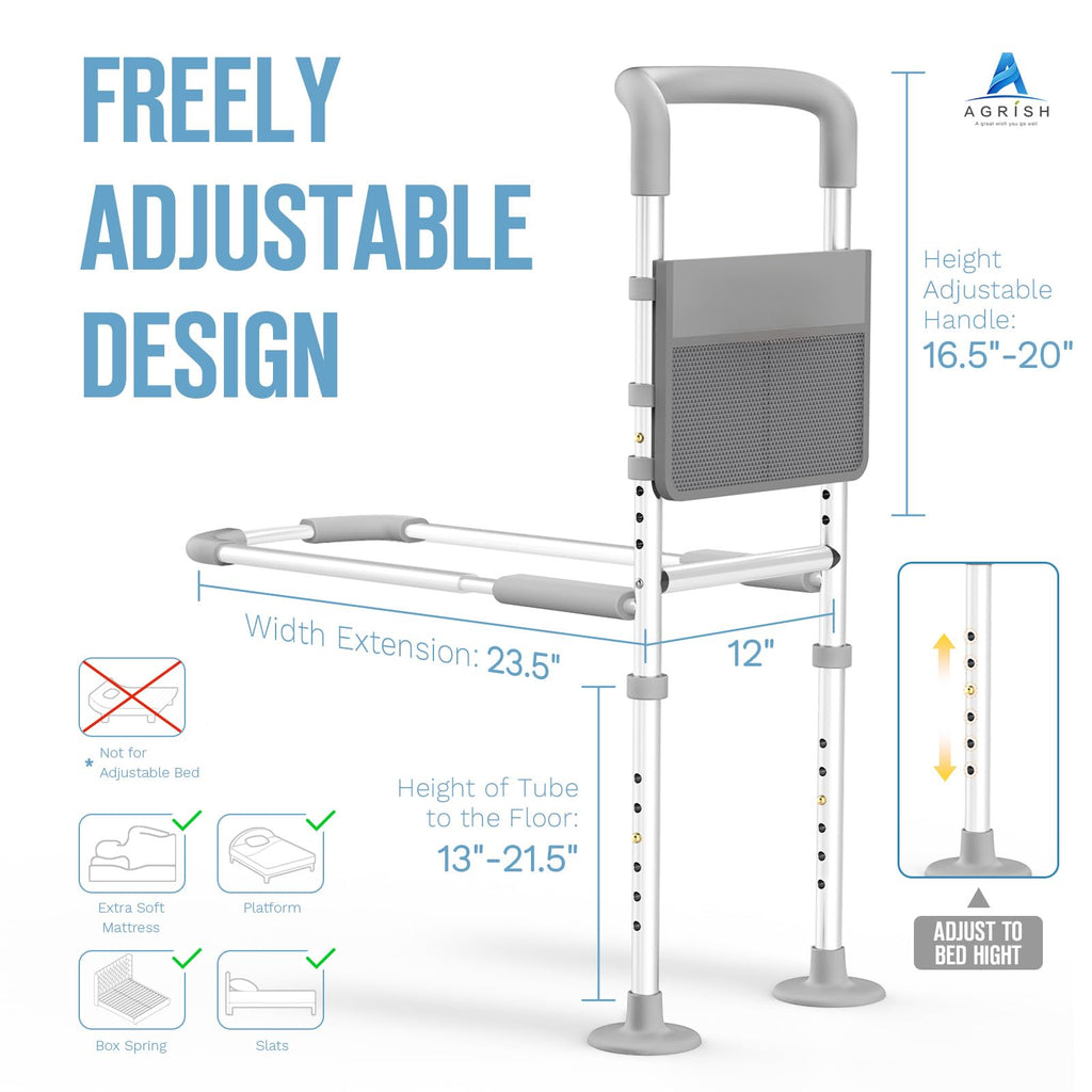 Agrish Bed Rails for Elderly Adults Safety, Bed Rails for Seniors Supports 350lbs with Motion Lights & Storage Pouch, Adjustable Bed Cane with Non-Slip Grip, Stable Bed Assist Rails for Seniors