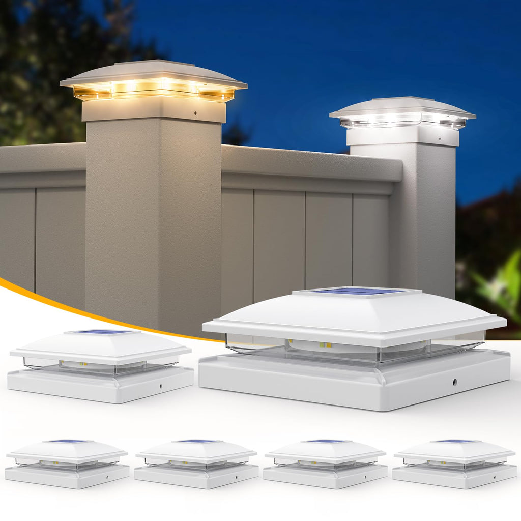 APONUO 6 Pack Solar Post Cap Lights, 2 Modes(Warm/Cool Light) Outdoor Waterproof Fence Post Solar Lights, Solar Powered Garden, Patio, Deck Decor for 4x4, 5x5, 5.5x5.5 Wood & Vinyl Posts, White