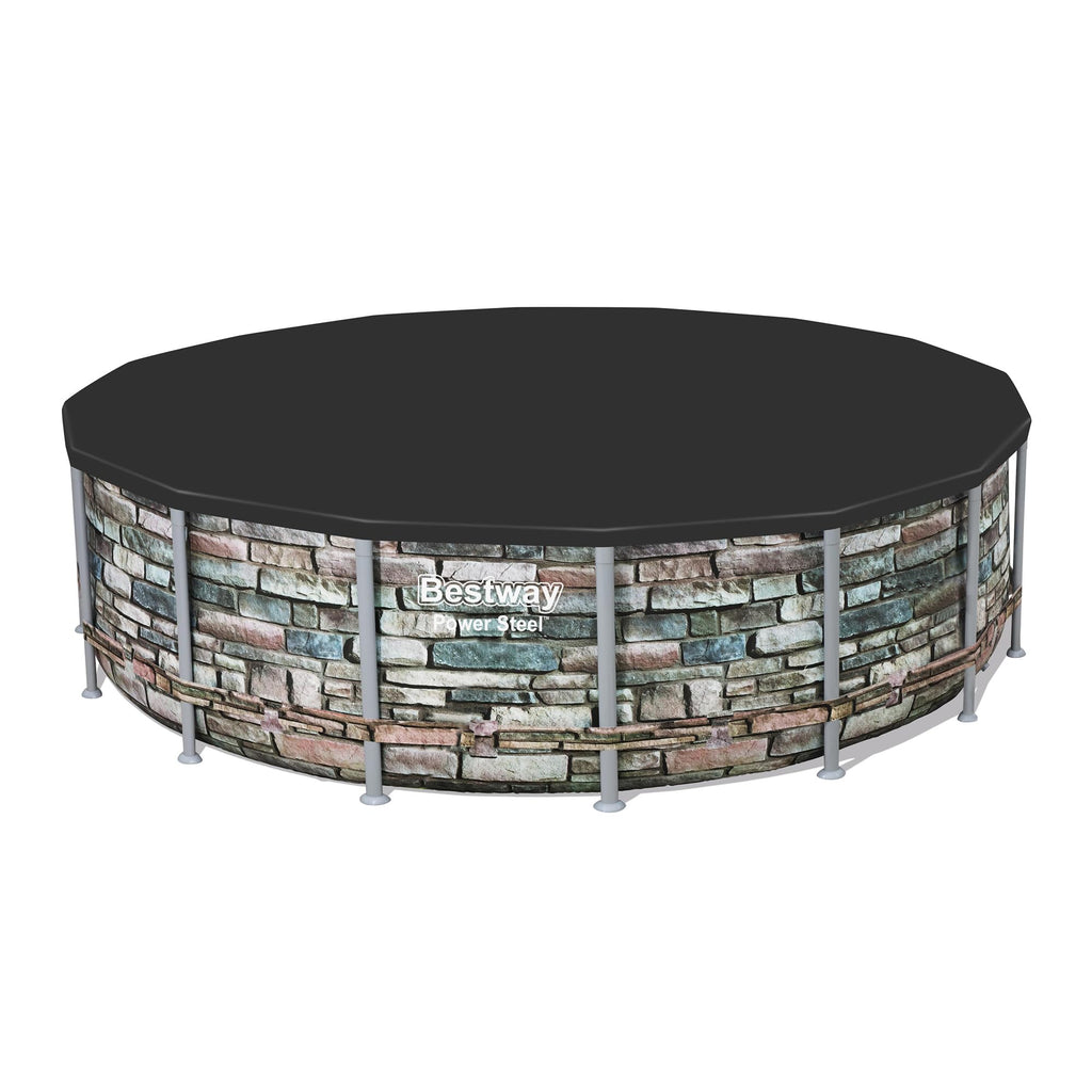 Bestway Round PVC 16 Foot Pool Cover for Above Ground Pro Frame Pools with Drain Holes and Secure Tie-Down Ropes, Black (Cover Only)