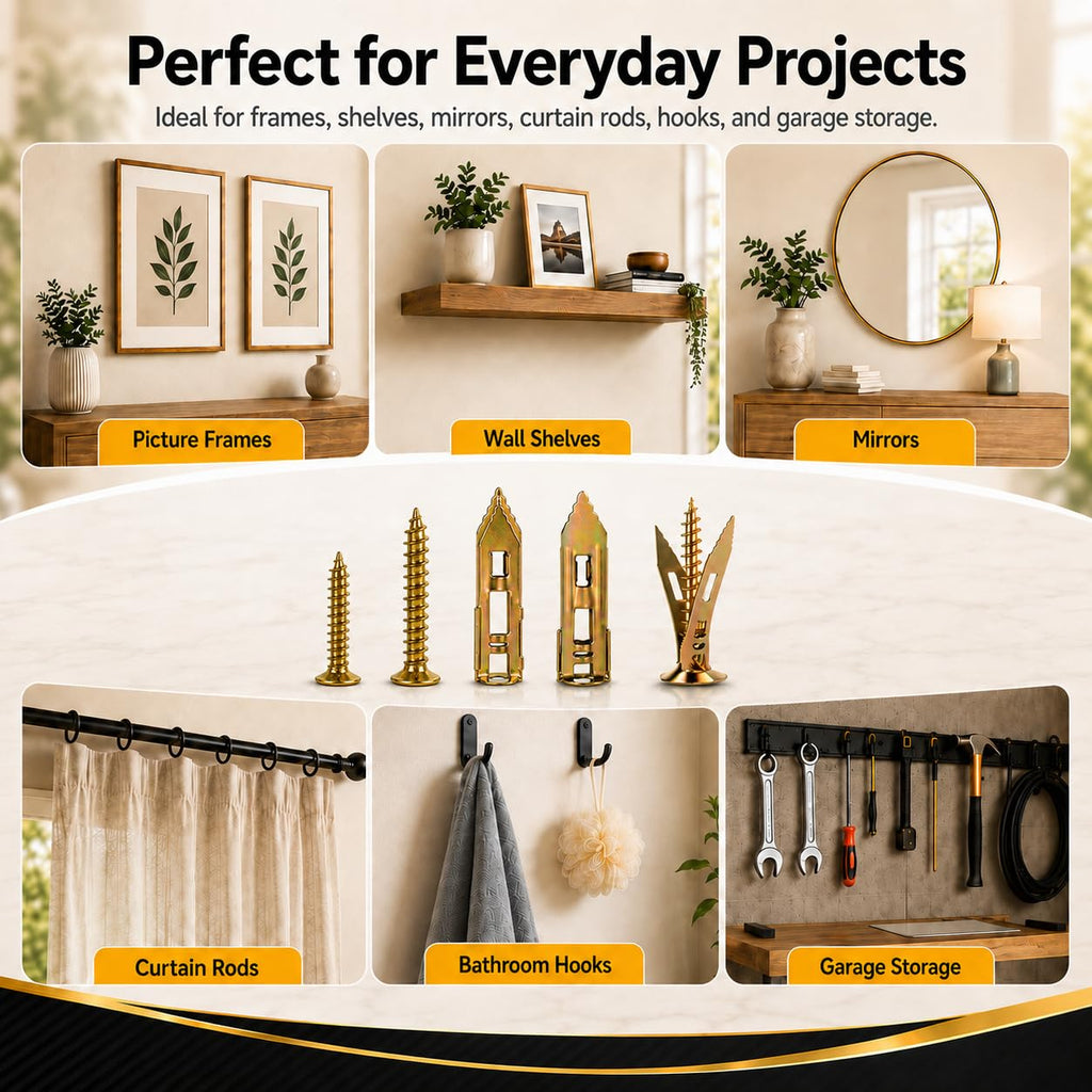 Jyphorixal 150Pcs Self Drilling Drywall Anchors with Screws Kit,Zinc Plated Steel,2 Sizes Expansion Screws and 2 Sizes Wall Anchors, Easy Application No Drill or Holes in Wall.
