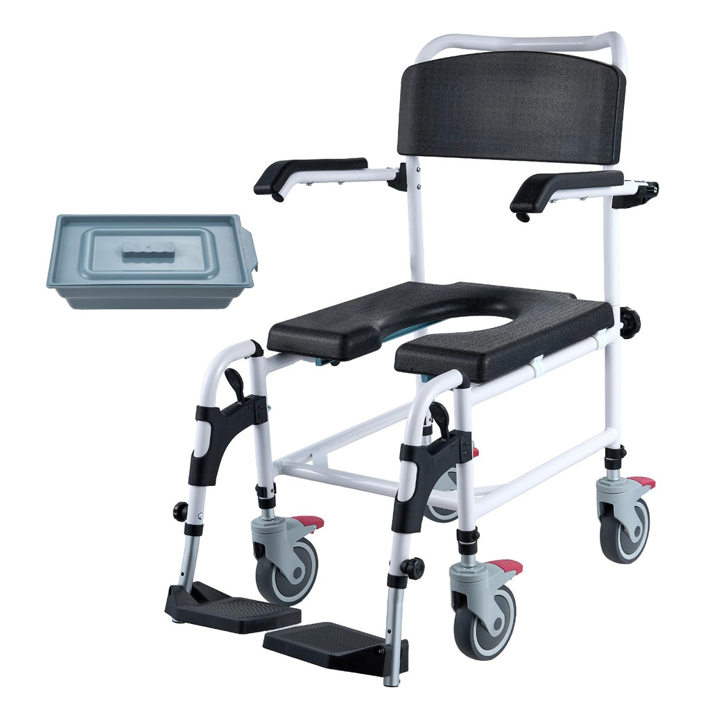 VEVOR Shower Commode Wheelchair with 4 Lockable Wheels, Footrests, Flip-up Arms, 3-Level Adjustable Height, 5L Removable Bucket, 350 LBS Capacity, Commode Chair for Adults Seniors