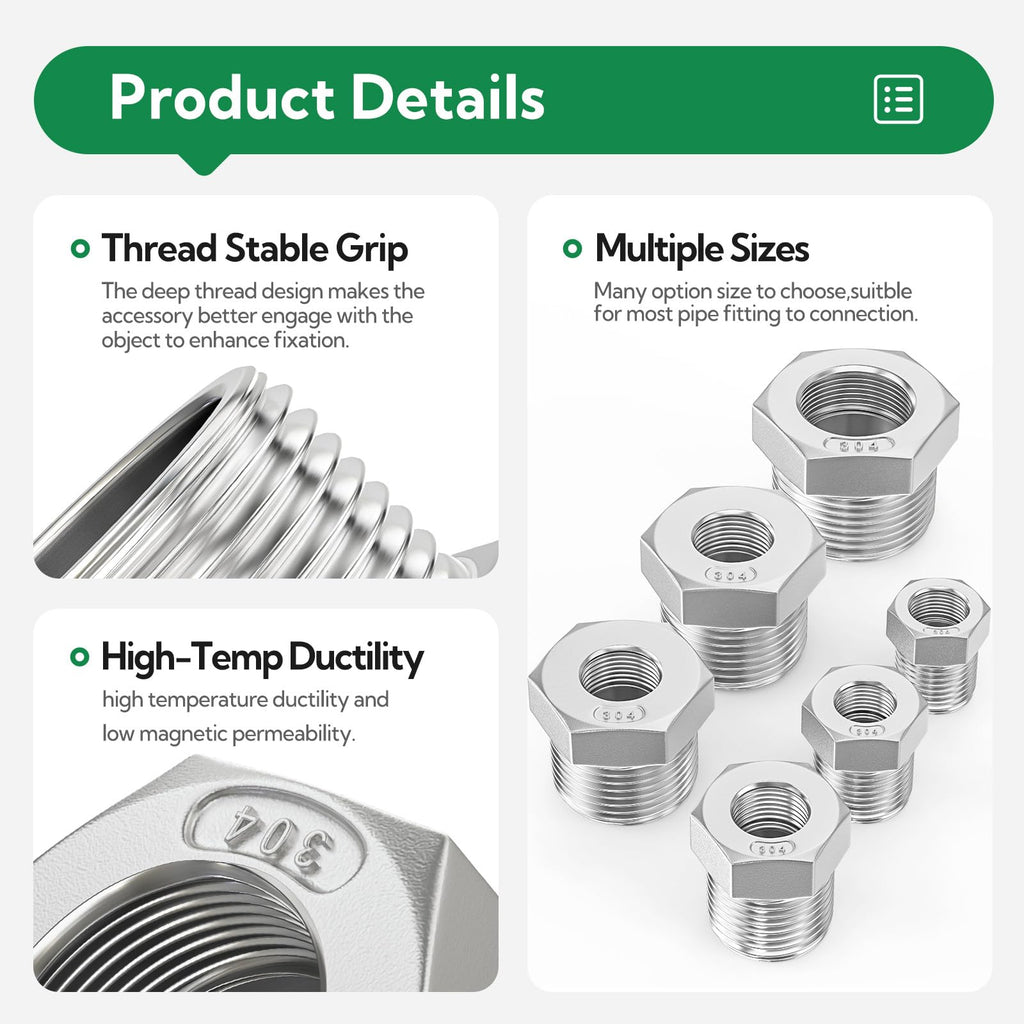 TAISHER 10PCS 304 Stainless Steel Reducer Hex Bushing, 1/2" NPT Male x 1/4" NPT Female, Reducing Pipe Adapter Fitting