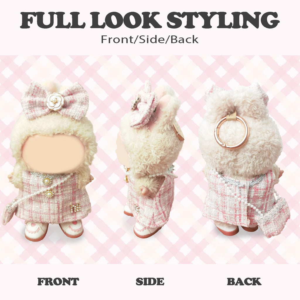 Clothes Compatible with LABUBU Doll – 4PCS Pink Tweed Charm Set, 17cm Doll Clothes Designer Outfit for Romantic Pastel Theme, Chic Stylish Accessories for Labubu, No Doll (Peachy Tweed Daydream)