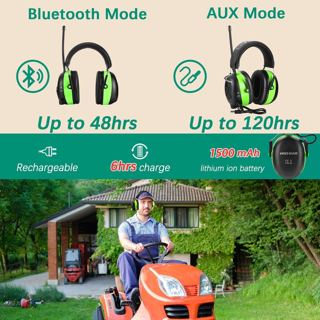 PROHEAR 033 Upgraded 5.4 Bluetooth Hearing Protection AM FM Radio Headphones, Noise Reduction Safety Earmuffs with Rechargeable 1500mAH Battery, 31dB SNR Ear Protector for Mowing Lawn,Gifts for Father