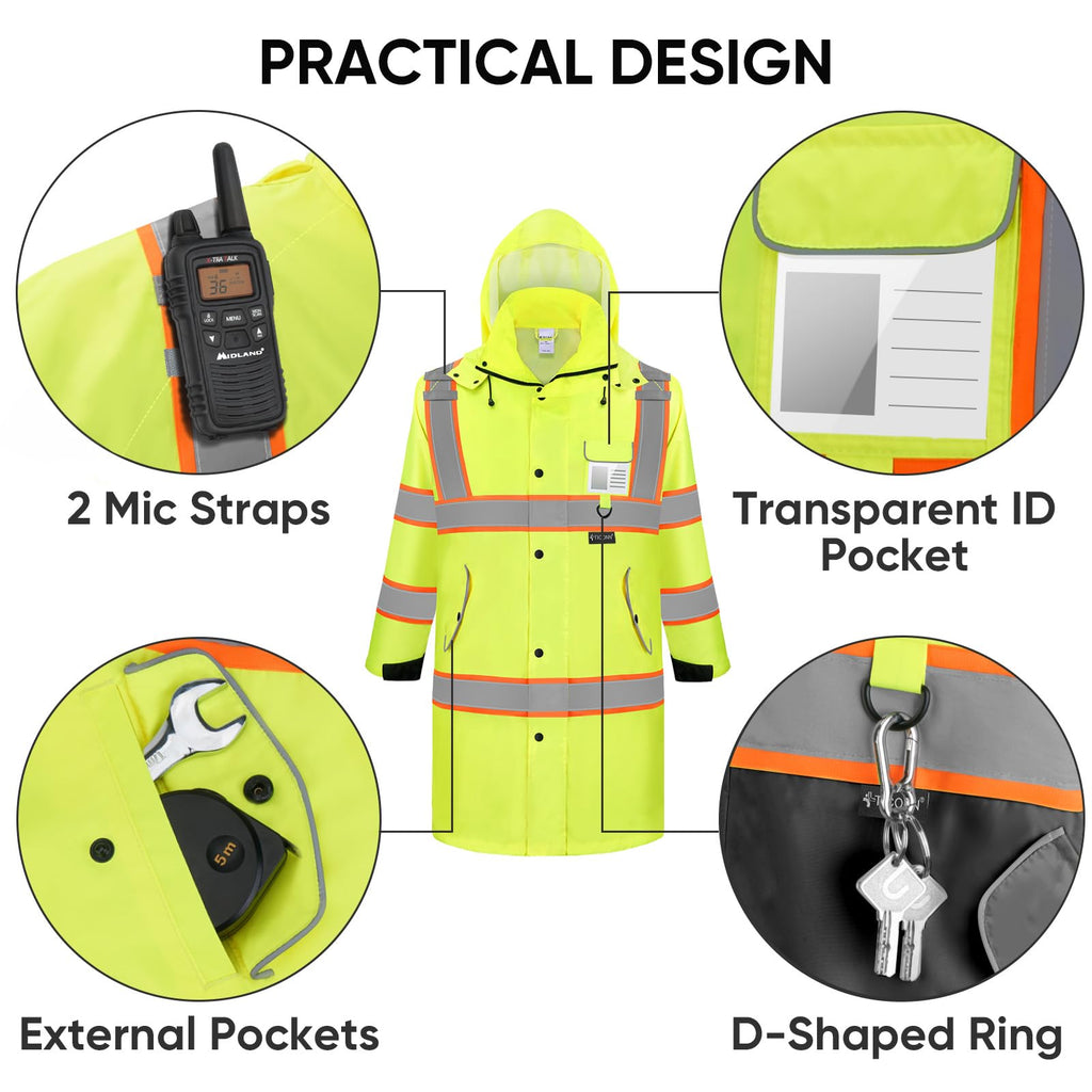 TICONN Reflective Rain Coat, Waterproof Hi Vis Safety Rain Jacket, Heavy Duty ANSI Class 3 High Visibility Trench Coat (XL)