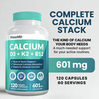 4-in-1 Calcium Supplements for Women and Men - Calcium with Vitamin D3 K2 5000 IU Supplement, 601mg per Serving - Gluten-Free, Vegan-Friendly (120 ct)
