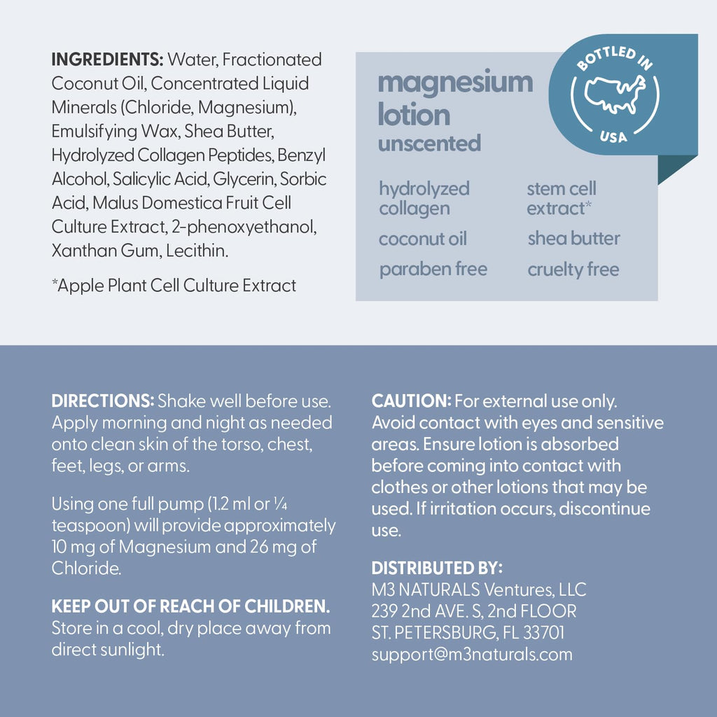 Unscented Magnesium Lotion for Sleep & Leg Cramps, Suitable for Sensitive Skin, Helps with Muscle Relaxation, Soothes Tired Legs & Foot Aches and Supports Restful Nights, 8 fl oz by M3