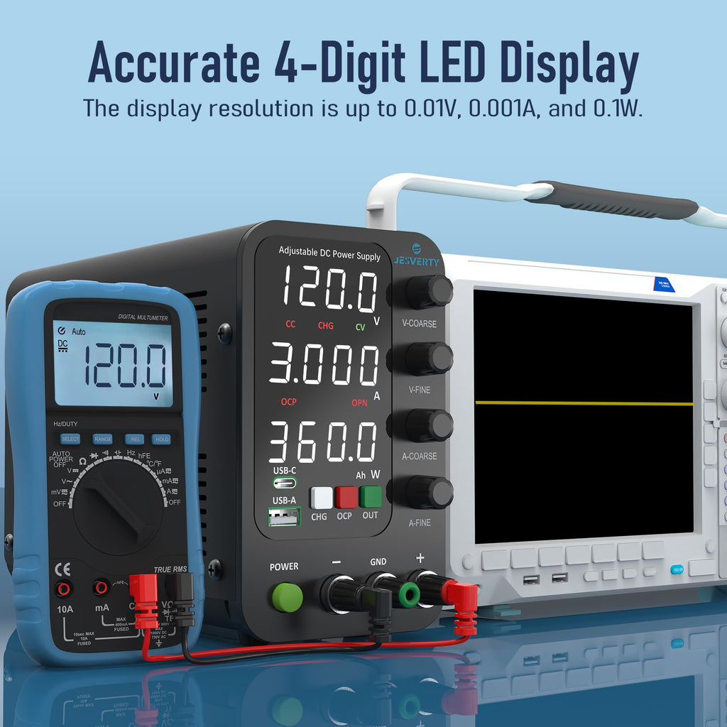 Jesverty DC Power Supply Variable, 0-120V 0-3A Switching Bench Power Supply with Intelligent Charging Mode, 20W USB & Type-C Quick-Charge, Encoder Knob, Output Switch, 4-Digit LED Display - SPS-12003C
