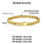 Bestyle 5mm 18K Gold Filled Miami Cuban Chains Bracelets Cool Causal Style Stainless Steel Curb Link Chain Bracelet for Men & Women, Daily Wear Gold Hand Chain 19cm/7.5Inch