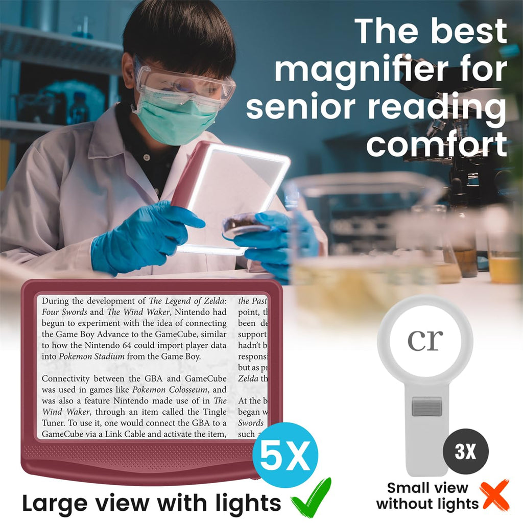 Shelepro Rechargeable 5X Magnifying Glass for Reading, Large Bright Full Page Magnifier with Light, Handheld LED Dimmable Lighted, Lightweight Book Magnifier for Reading Small Prints Seniors - Red