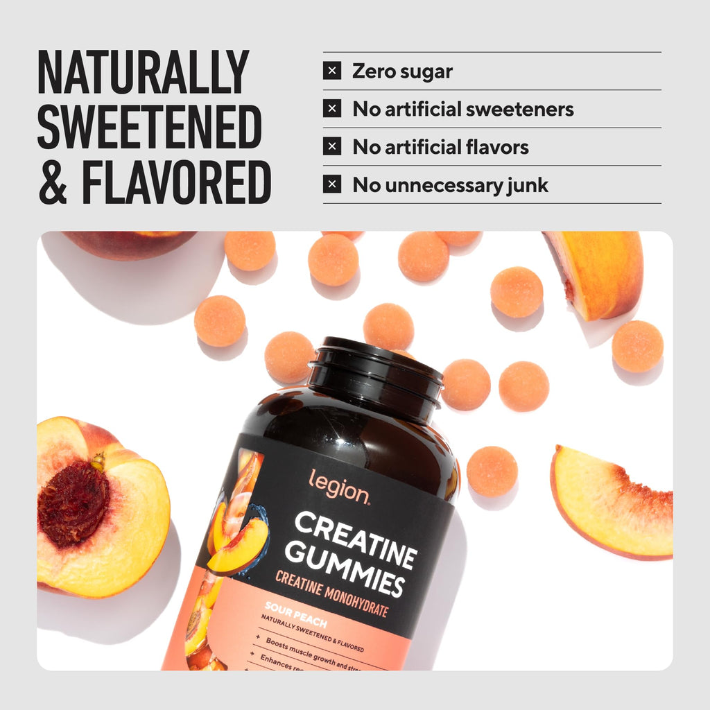 LEGION Creatine Monohydrate Gummies for Men and Women - Clean Creatine Chewables for Muscle Gain, Improving Endurance & Post Workout Recovery - Creatine Supplement for Maximum Absorption (Sour Peach)