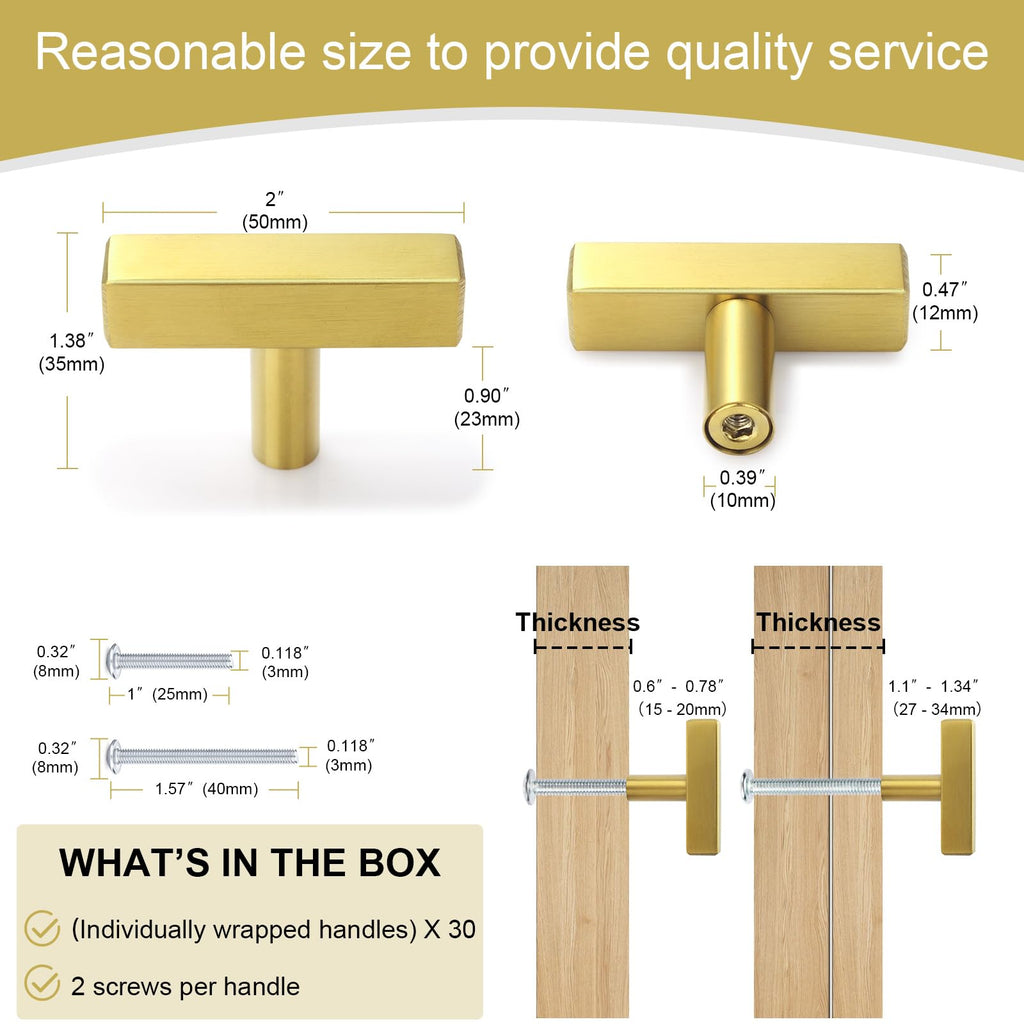 AEEKEL 30 Pack Brushed Brass Cabinet Knobs Single Hole Drawer Pulls, 2" Length Square Stainless Steel Kitchen Handles for Bedroom Bathroom Office