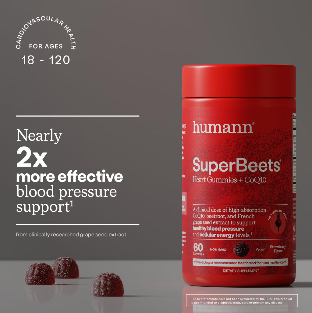 Humann SuperBeets Heart Gummies Advanced - CoQ10 150 mg Plus Beet Root Powder & Grape Seed Extract, 120 Count
