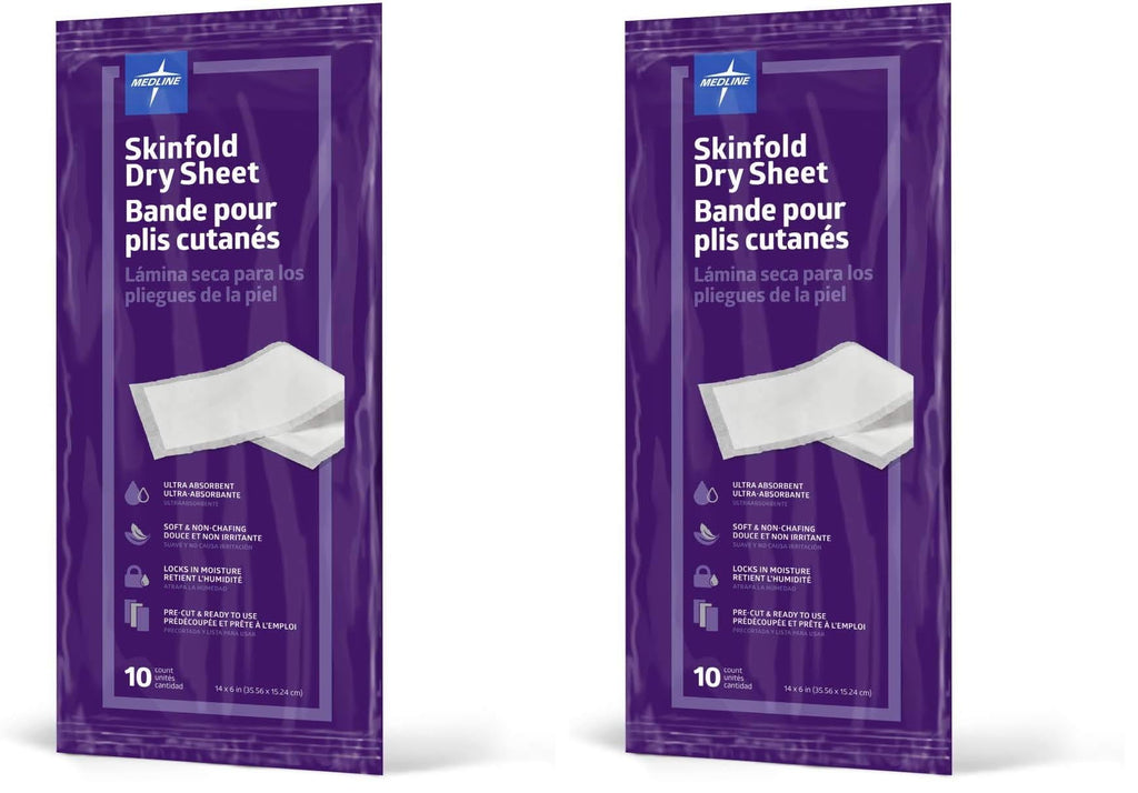 Medline Skinfold Dry Sheet,Skin Moisture Management,Soft,Non-Chafing,Pre-Cut & Ready to Use,6" x 14",(Pack of 20)