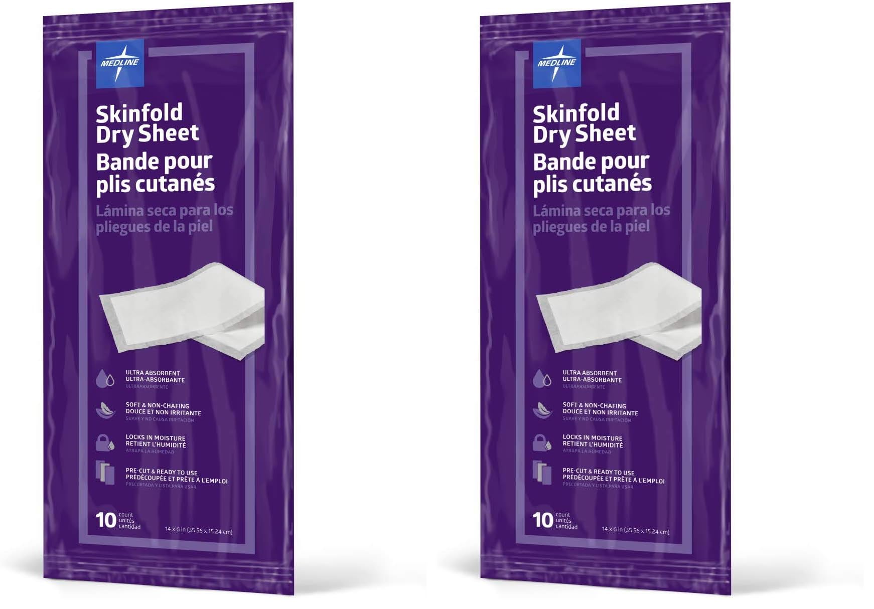 Medline Skinfold Dry Sheet,Skin Moisture Management,Soft,Non-Chafing,Pre-Cut & Ready to Use,6" x 14",(Pack of 20)