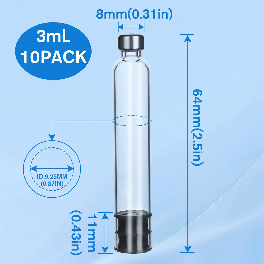 3ml Pen Cartridges for Peptide Pen and V1 V2 Pens, 10 Pack 3cc Empty Glass Cartridge with 11mm Long Stopper, Sterilized & Individually Wrapped