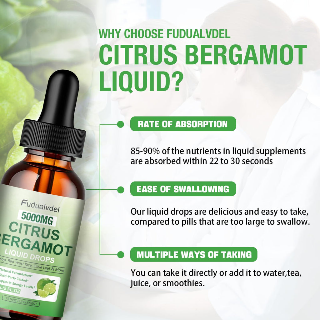 1 Pack 5000mg Citrus Bergamot Liquid Drops,Reduce Triglycerides Bergamot Supplement for High Cholesterol, Immune Support for Anti Aging,Antioxidant,Lime Bitter,Natural Olive Leaf Extract,2 Fl Oz