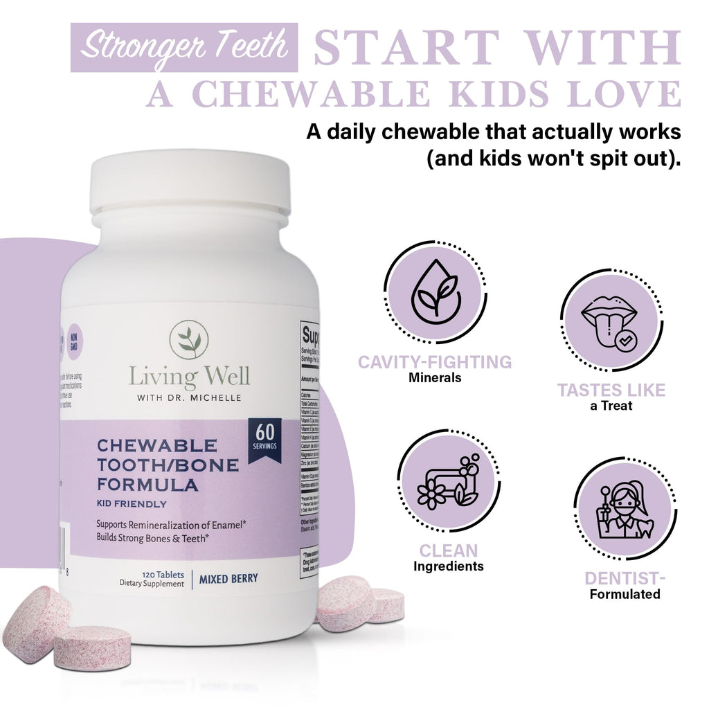 Living Well Kids Calcium & Tooth Support – Chewable Bone Health Vitamins with D3 + K2, Magnesium & Zinc – Strong Teeth & Enamel Defense – Berry Flavor – Fluoride-Free, Non-GMO