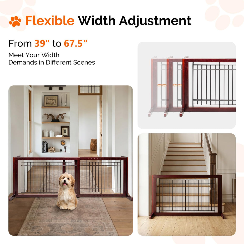 Bonnlo Free Standing Dog Gate, 39" - 68" Wide Pet Gate for Fireplace Stairs Doorways, Wooden Adjustable Pet Fence Indoor, Christmas Tree Gate (Cherry)