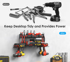 CCCEI Garage Tools Storage with Charging Station. Power Tool Battery Organizer Utility Shelf with Power Strip. 4 Drills Holder Wall Mount Rack, Black.